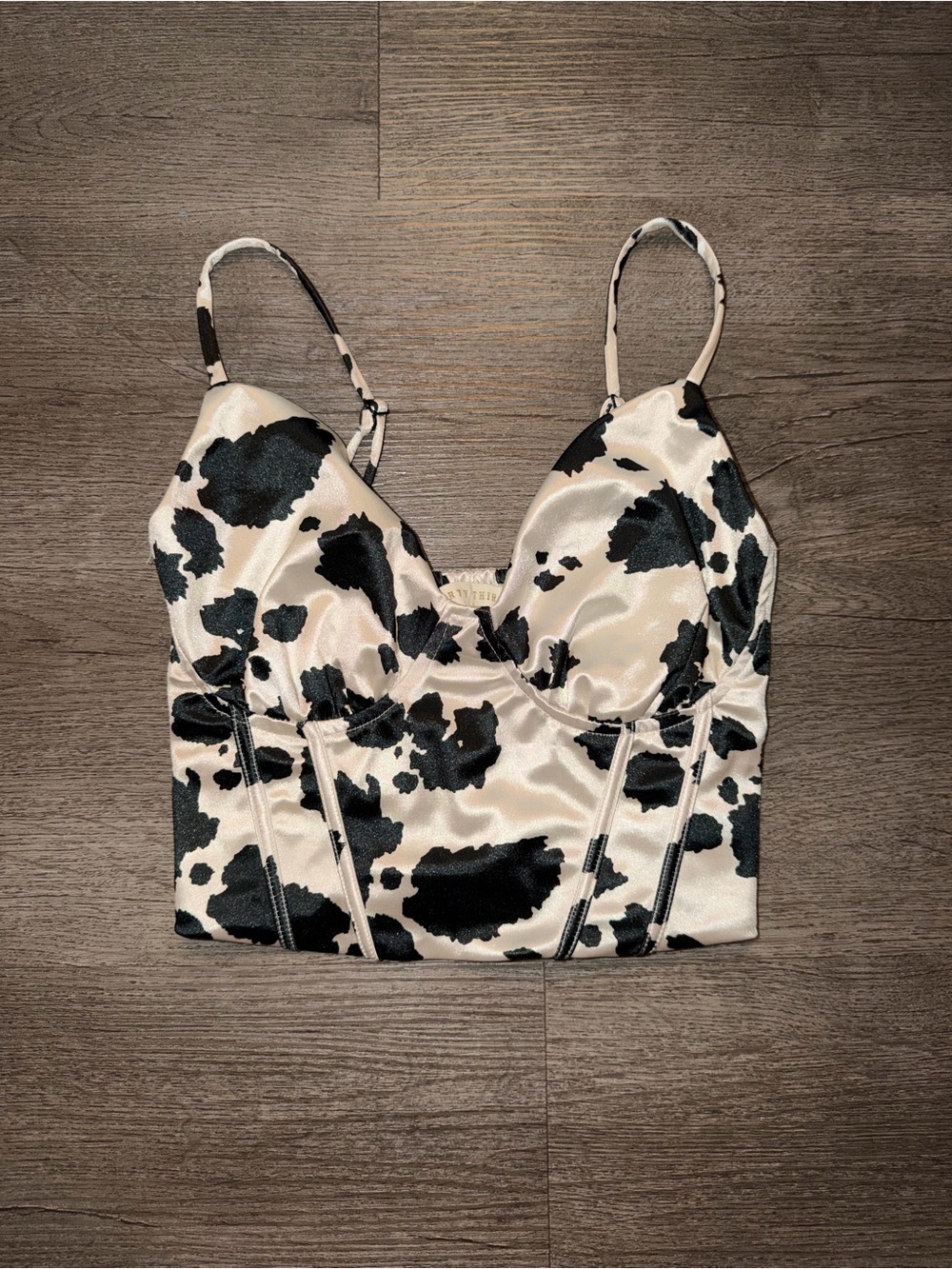 Satin Cow-Print Bustier Crop Top - Black & White